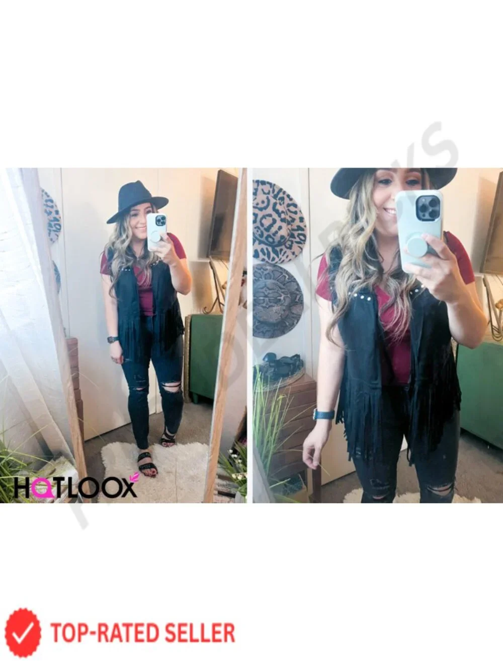 Faux Suede Fringe Vest Sleeveless 70s Hippie Cowgirl Western Tassel